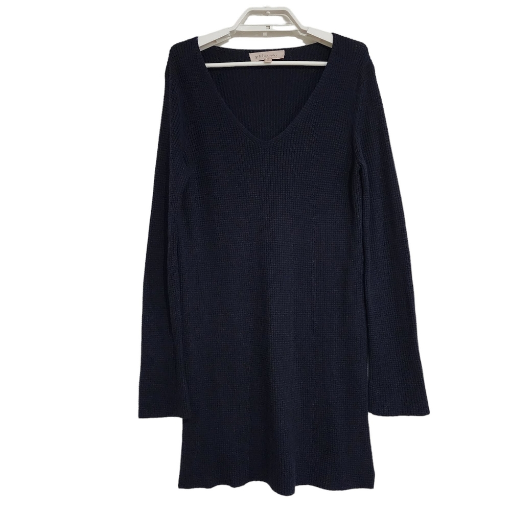 Philosophy Long Navy Tunic Sweater Side Slits V Neck Waffle Knit 5% Cashmere